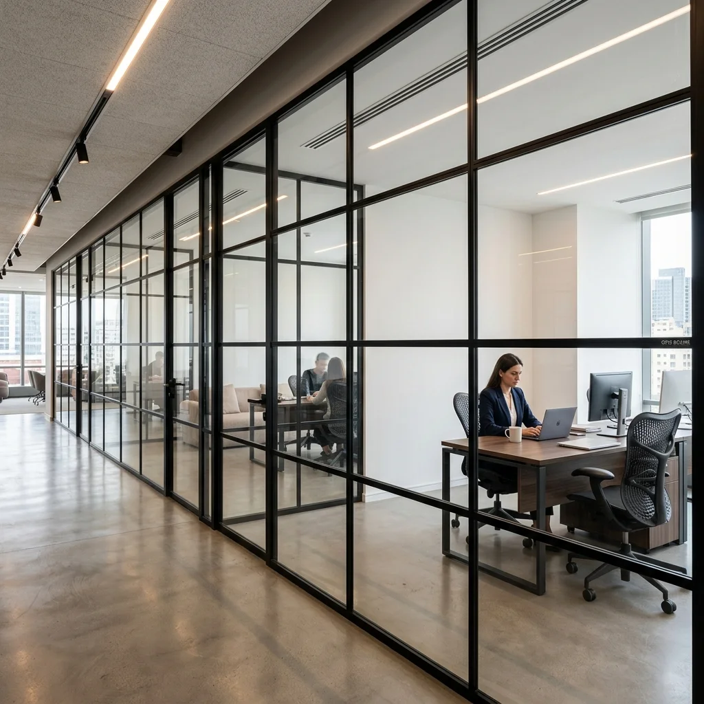 Modern Ofislerde Minimalist Alüminyum Cam Bölme Duvar Kurulumu